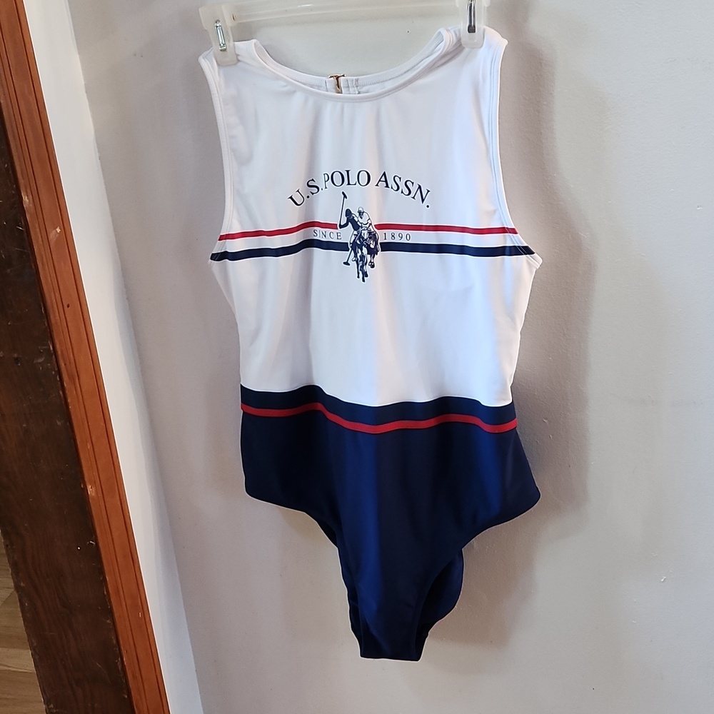 U.S. Polo Assn. White, Navy & Red Logo One-Piece Swimsuit